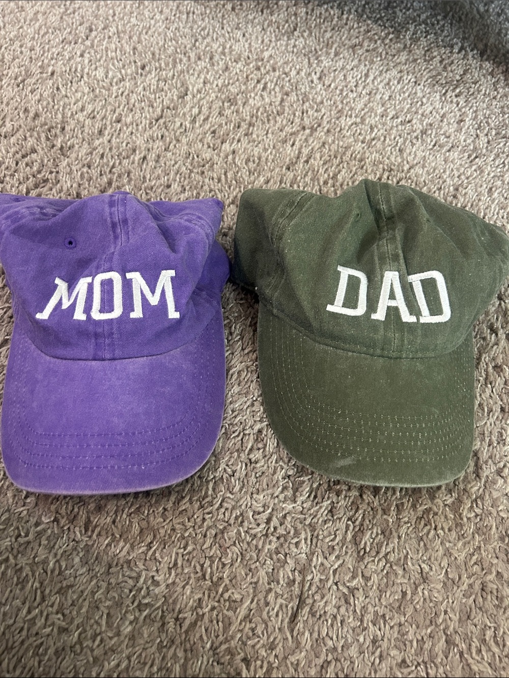 Purple "MOM" Kids Cap and Green "DAD" Kids Cap Set